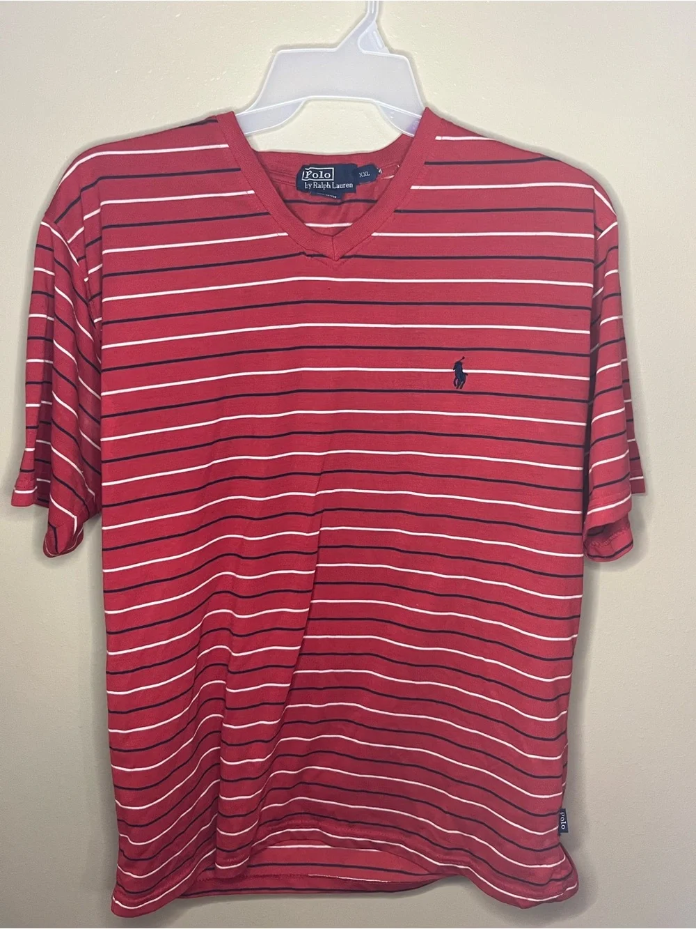 Ralph Lauren Red Striped V-Neck Tee with Navy Pony